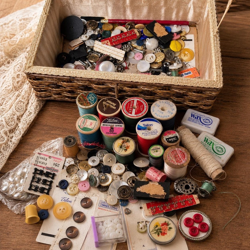 VTG Sewing Notions Lot with Antique Thread Spools, Buttons, Snaps & NO Basket